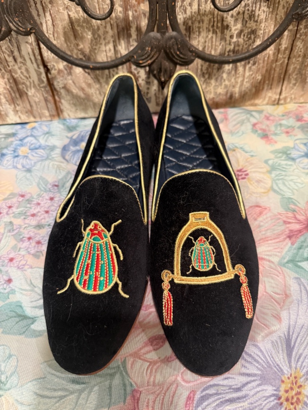 Ronner the Rönner Mimosa Beetle Black & Gold Velvet Loafers retail $322 shoes - Picture 3 of 12